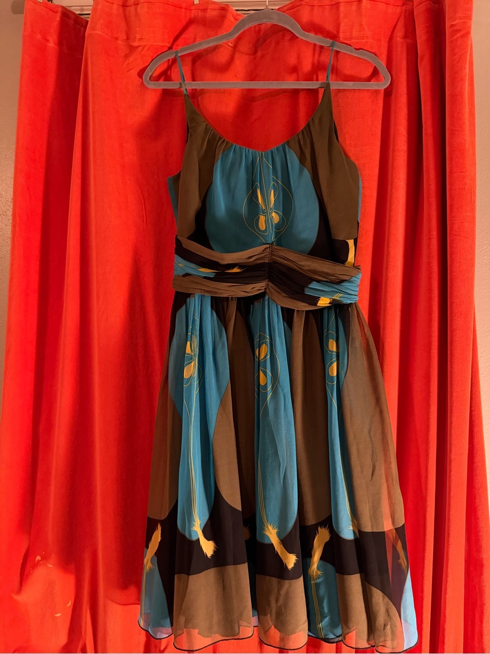 Anna Sui beautiful Teal, Black, brown silk Floral Midi Dress - Picture 4 of 5